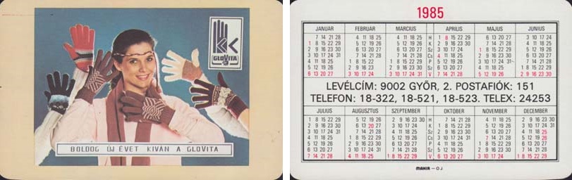 Termékeket reklámozó kártyanaptár az 1985-ös évre